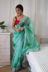 Premium Pure Organza designer saree with Embroidery Work- Turquoise