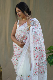 Premium Pure Organza designer saree with Embroidery Work- White