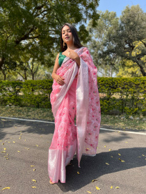 Pure Organza Premium designer saree with Chikankari Work- Pink