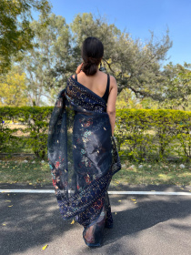Premium Organza Digital Printed saree with Embroidery Work - Navy Blue