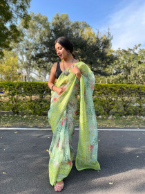 Premium Organza Digital Printed saree with Embroidery Work - Green