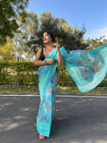 Premium Organza Digital Printed saree with Embroidery Work - Aqua Blue