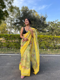 Premium Organza Digital Printed saree with Embroidery Work - Yellow