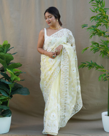Premium Organza Silk Designer saree with Hand Embroidery Work- Yellow