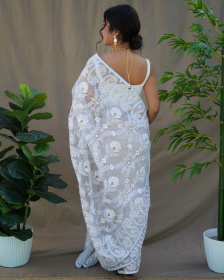 Premium Organza Silk Designer saree with Hand Embroidery Work- White