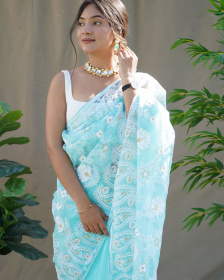 Premium Organza Silk Designer saree with Hand Embroidery Work- Blue