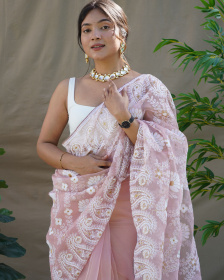 Premium Organza Silk Designer saree with Hand Embroidery Work- Peach