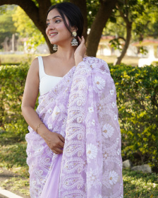 Premium Organza Silk Designer saree with Hand Embroidery Work- Purple