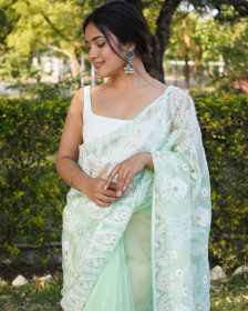 Premium Organza Silk Designer saree with Hand Embroidery Work- Green
