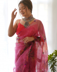 Premium Organza Designer saree with Embroidery Work - Pink