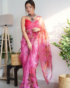 Premium Organza Designer saree with Embroidery Work - Pink