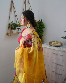 Premium Organza Designer saree with Embroidery Work - Yellow