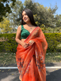 Premium Organza Designer saree with Hand Embroidery Work - Orange