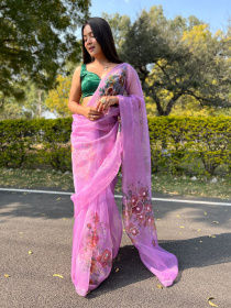 Premium Organza Designer saree with Hand Embroidery Work - Purple