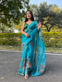 Premium Organza Designer saree with Hand Embroidery Work - Blue