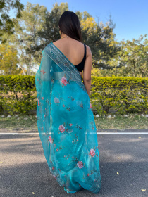 Premium Organza Designer saree with Embroidery Work - Blue