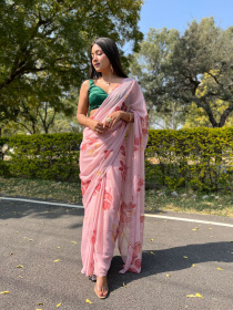 Pure Chiffon Digital printed Designer saree with Foil print Pink