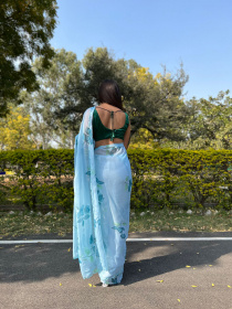 Pure Chiffon Digital printed Designer saree with Foil print Blue