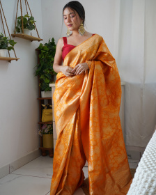 Banarasi Silk Saree With Gold zari Woven & Rich pallu Mustard