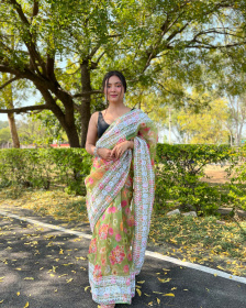 Pure Organza digital printed saree with Embroidery work–Green