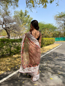 Pure Organza Silk Designer saree with Embroidery work –Brown