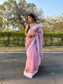 Pure Organza Silk Designer saree with Embroidery work –Pink