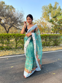 Pure Organza Silk Designer saree with Embroidery work –Turquoise