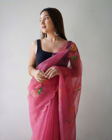 Pure Organza Designer Hand Printed saree with Foil Print Pink