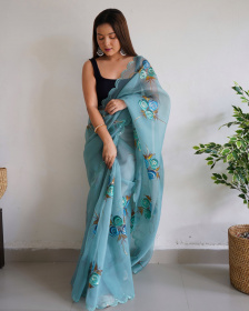 Pure Organza Designer Hand Printed saree with Foil Print –Blue