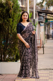 Pure Soft georgette Printed saree with mirror Work - Black
