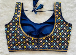 Embroidered Phantom Silk Designer Blouse - Navy Blue(XXL)