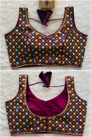 Embroidered Phantom Silk Designer Blouse - Dark Violet(XL)