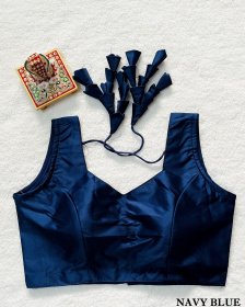 Malai Satin Ready Made Padded Blouse - Navy Blue(XL)