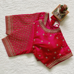 Embroidered Milan Silk Designer Blouse - Pink(XXL)