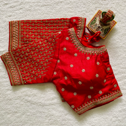 Embroidered Milan Silk Designer Blouse - Red(S)
