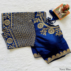 Phantom Silk Embroidered Designer Blouse - Navy Blue(L)