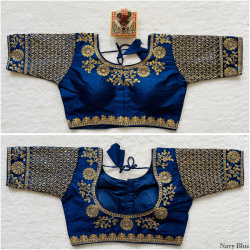 Phantom Silk Embroidered Designer Blouse - Navy Blue(L)
