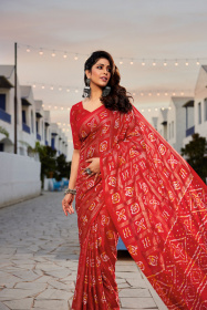 Soft Silk Bandhej printed saree attached by tassels on pallu -  Red