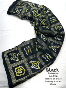 Soft Silk Bandhej printed saree attached by tassels on pallu -  Black