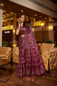 Soft Silk Bandhej printed saree attached by tassels on pallu -  Purple
