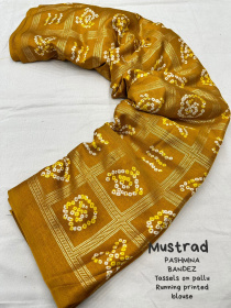 Soft Silk Bandhej printed saree attached by tassels on pallu - Mustard