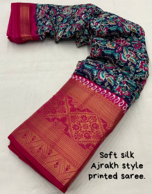 Ajrakh Printed Cotton Silk Saree - Blue