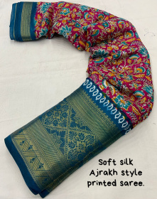 Ajrakh Printed Cotton Silk Saree - Pink