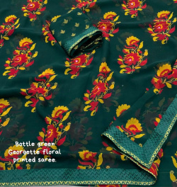 Pure Soft georgette Printed saree with Lace work -  Green