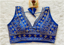Embroidered Phantom Silk Designer Blouse - Blue(XL)