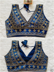 Embroidered Phantom Silk Designer Blouse - Navy Blue(M)