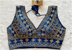 Embroidered Phantom Silk Designer Blouse - Navy Blue(L)