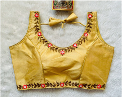 Embroidered Phantom Silk Designer Blouse - Yellow(XL)