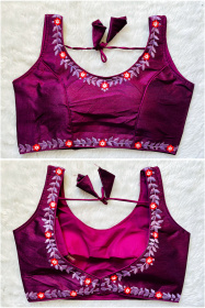 Embroidered Phantom Silk Designer Blouse - Dark Violet(M)