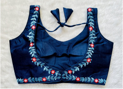 Embroidered Phantom Silk Designer Blouse - Navy Blue(XL)